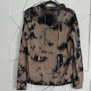 Aviator Nation Taupe and Black Tie-Dye Pullover Hoodie with Zip Pockets